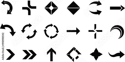 Flat vector illustration of arrow icons, directional symbols, navigation elements, rotation indicators, compass points, geometric arrow shapes, movement design