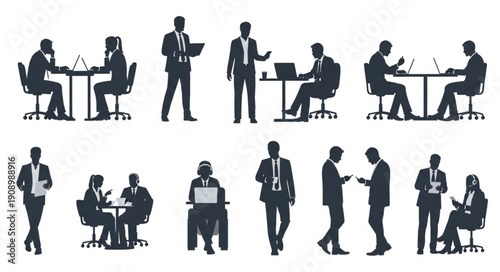 Silhouettes of business people in various work situations.