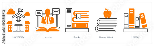A set of 5 mix icons as university, lesson, books
