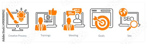 A set of 5 mix icons as creative process, trainings, meeting