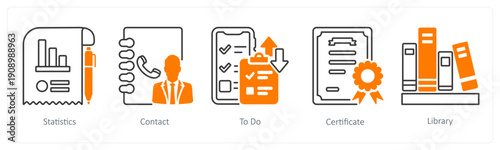 A set of 5 mix icons as statistics, contact, to do