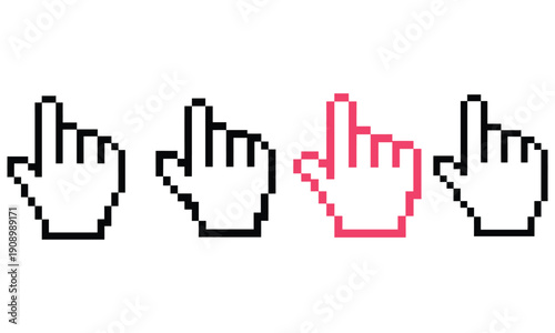Pixel hand cursor icon set in black and pink colors
