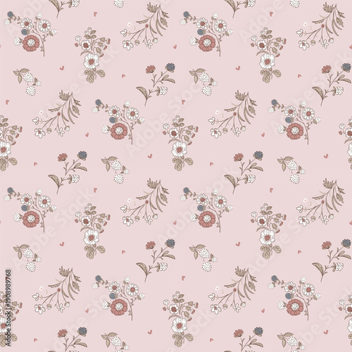 Seamless floral pattern, ditsy flower pattern, fabric print in elegant style on mud pink background, timeless floral, small soft ditsy flower. Design for home textile, wallpaper, fabric, fashion