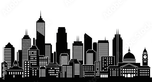 Modern City Skyline Silhouette Black and White Illustration.