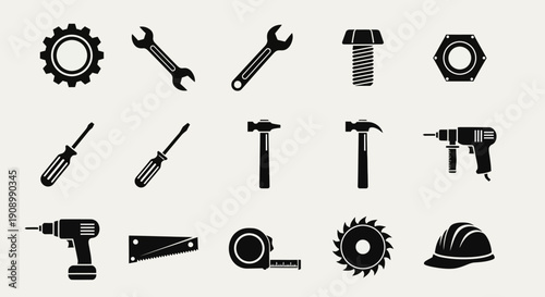 Construction Tools Black Icons Set on White Background