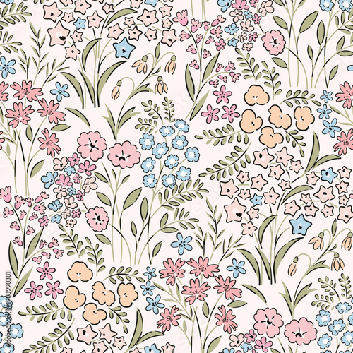 Seamless floral pattern, ditsy flower pattern, fabric print in vintage style on light beige background, timeless floral, small ditsy flower. Design for home textile, wallpaper pattern, fabric, fashion