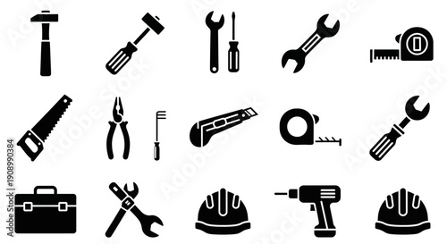 Construction tools set, repair equipment icons