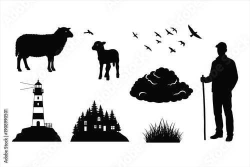 Silhouette of a shepherd with his flock of sheep standing in a field of grass in black and white | editable eps vectors