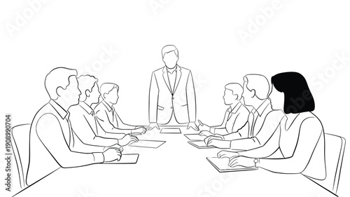 Business meeting discussion with team sitting at conference table in office
