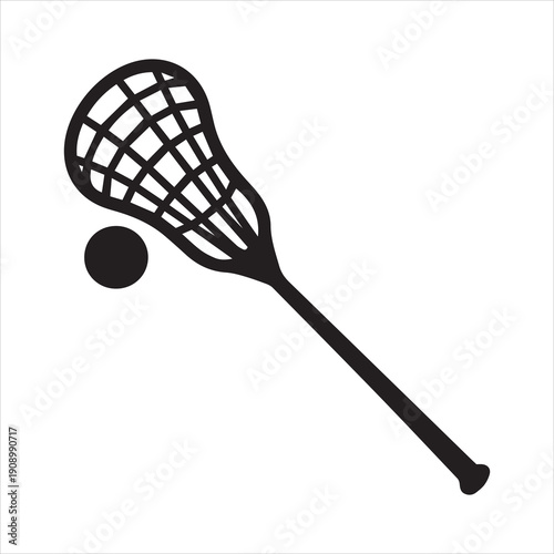 A simple black and white illustration of a lacrosse stick and ball