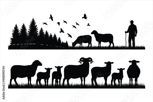 Silhouette of a shepherd with his flock of sheep standing in a field of grass in black and white | editable eps vectors