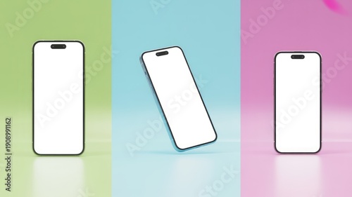 Three sleek modern smartphones featuring bright blank white screens displayed against a pastel green blue and pink gradi