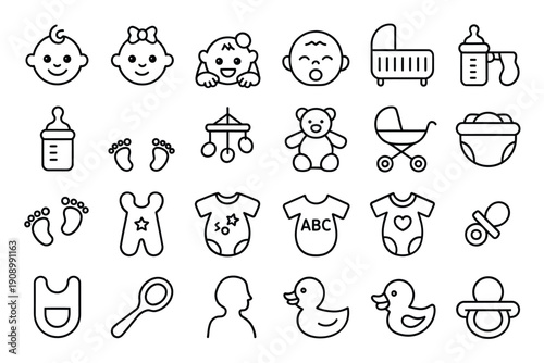 Collection of simple black and white baby related icons and symbols