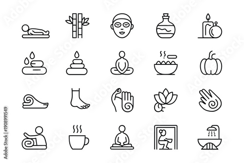 Line art icons depicting wellness spa treatments and relaxation practices