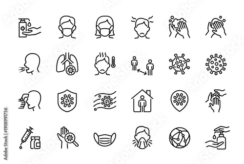 Collection of line art icons representing health illness and protection