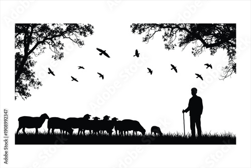 Silhouette of a shepherd with his flock of sheep standing in a field of grass in black and white | editable eps vectors