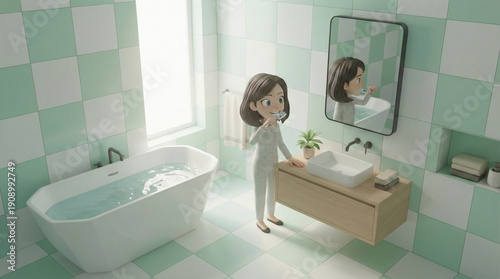 Woman checking teeth in bathroom mirror with modern mint and white decor