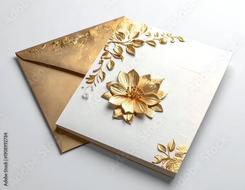 Golden invitation with textured white card and floral embellishments, gold envelope