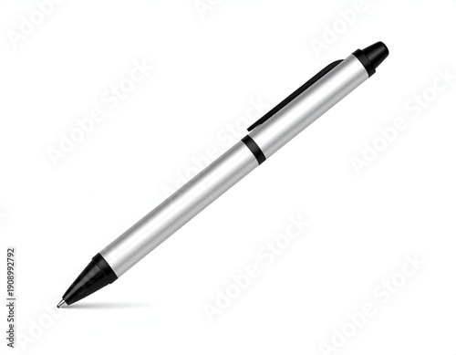 A silver ballpoint pen, black accents, diagonal, on white background, sharp focus