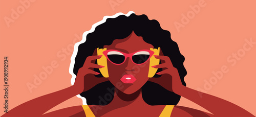 African woman wearing sunglasses and adjusting headphones