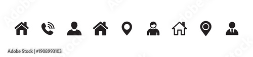 Various style contact point icons featuring home phone call user profile location and global network symbols