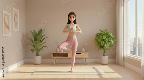 Woman in tree pose yoga position practicing balance in minimalist home studio