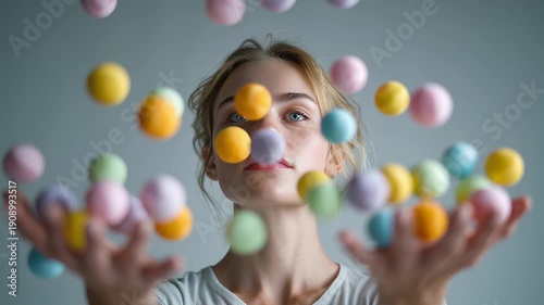 A young woman skillfully tosses pastel-colored rubber balls into the air. Bright lights illuminate her joyful expression as colors dance around her in a playful display of fun and creativity.