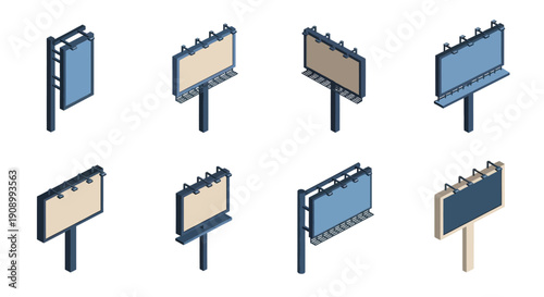 Isometric illustration of various billboard designs and perspectives