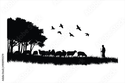 Silhouette of a shepherd with his flock of sheep standing in a field of grass in black and white | editable eps vectors