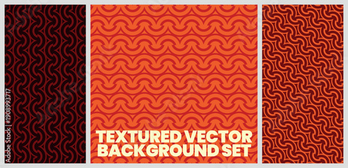 Retro vector pattern set includes three distinct. Seamless backgrounds featuring stylized geometric wave designs inspired by the vibrant 70s decade. The cohesive warm color palette is perfect.
