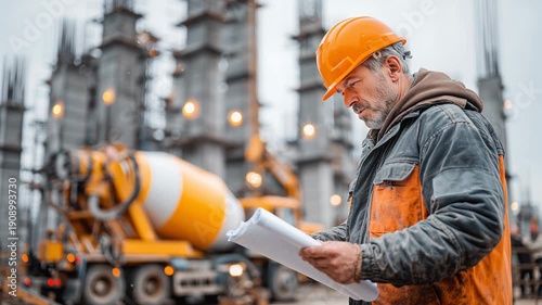 A construction worker in an orange hard hat examines blueprints for the foundation. Heavy machinery and a construction site are visible in the background, highlighting the busy atmosphere.