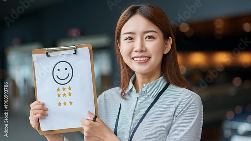 A cheerful representative holds a clipboard with a smiling face and five stars. The bright indoor space suggests a welcoming car dealership.