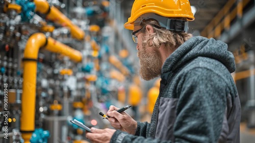 An engineer inspects vital machinery in an industrial facility, taking notes while observing various components. Bright pipes and equipment surround him, showcasing the bustling work environment.