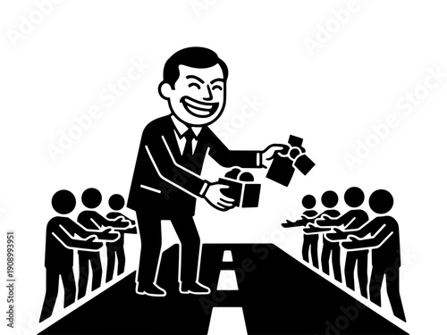 A conceptual black and white vector illustration showing a smiling official giving boxes to a crowd, representing public relations stunts, personal branding, and political campaigning.