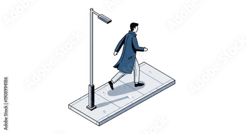 Man walking on a sidewalk next to a street lamp.