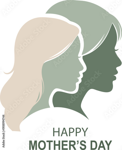 Happy Mother’s Day, Minimalist vector illustration of a mother and daughter profile silhouette forming a double exposure style design
