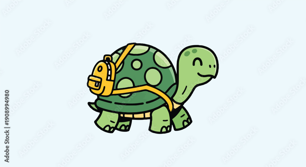 Obraz premium A cartoon turtle wearing a yellow backpack and smiling