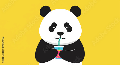 A cartoon panda bear enjoying a colorful drink on a bright yellow background