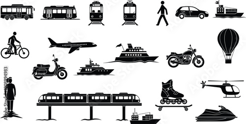 Black and White Icons Representing Diverse Modes of Transportation and Travel