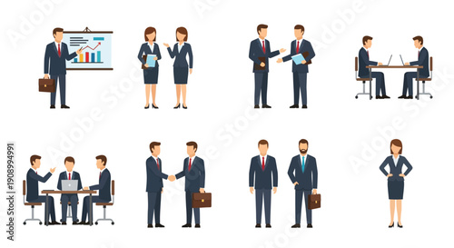 Diverse business professionals interacting in various office scenarios