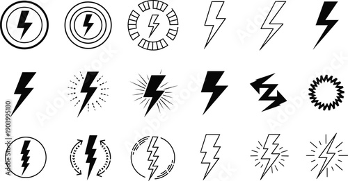Collection of Stylized Lightning Bolt Icons and Energy Symbols