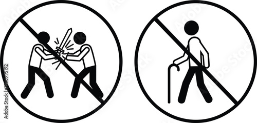 Prohibition signs for no fighting or swordplay and no elderly access icons for public safety and facilities.