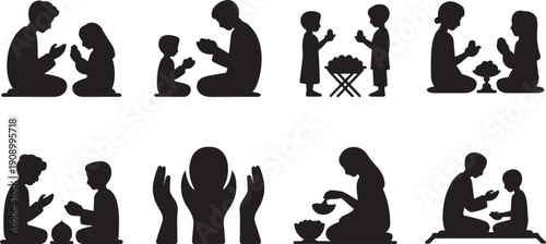 A collection of eight black silhouette icons representing various food and drink items.