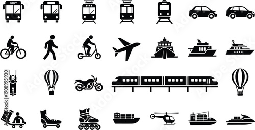 Variety of transport icons in silhouette, depicting different modes of travel and vehicles