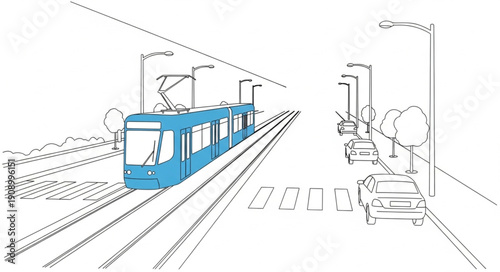 Blue tram on tracks with streetlights and cars.