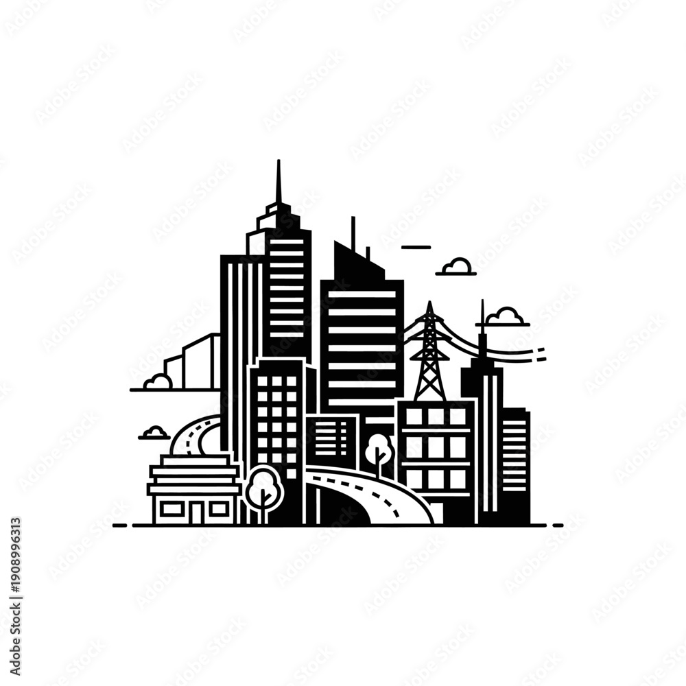 Obraz premium Black and white city skyline buildings.