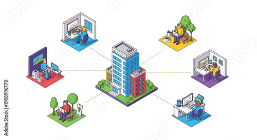 Isometric illustration of a connected office building with remote workers