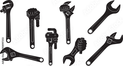 Collection of various wrenches and tools on white background