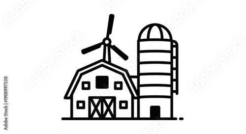Farm house with silo and windmill.