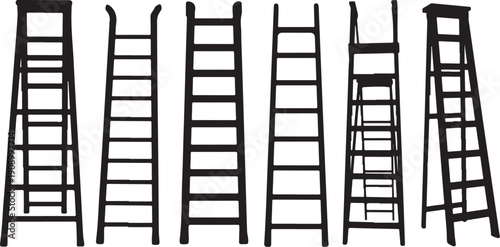 Collection of various black ladders on white background illustration